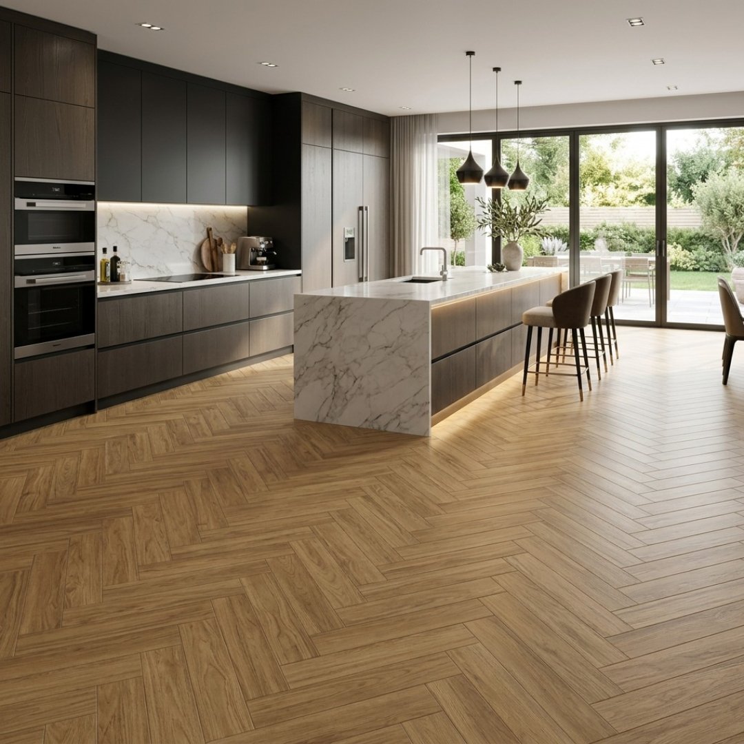 KJ - Crissel Wood Brown, kitchen floor tiles, photographed in real rooms